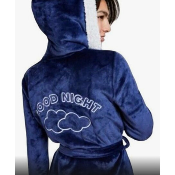 JENNI Women's Printed Short Sherpa Hooded Robe M/L Blue NWT - Picture 1 of 4